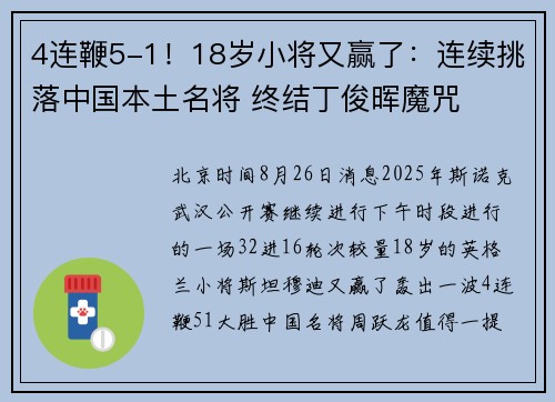 4连鞭5-1！18岁小将又赢了：连续挑落中国本土名将 终结丁俊晖魔咒